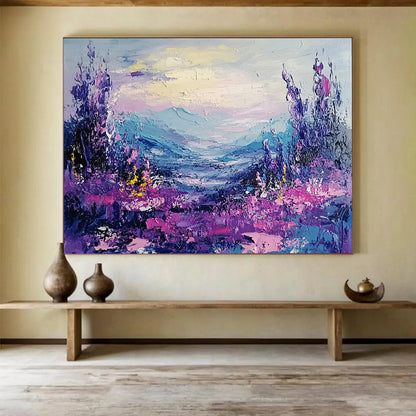 “Vibrant Purple Valley” - Lush Purples, Pinks, and Blues, Textured Mountain Valley with Floral Details Painting On Canvas HB0908