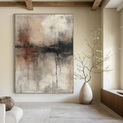 Contemporary hand-painted abstract artwork with a textured surface in neutral colors and muted tones showcasing a distressed look. DLZ0721