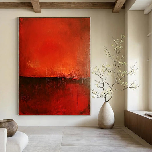 Contemporary abstract painting features a rich red background, smooth red surface, and warm dark brown accents, creating minimalist atmospheric depth and intriguing textures. DLZ1448