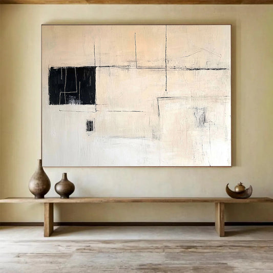 “Minimalist Black - White Abstract” - Black, White with Geometric Lines - Painting On Canvas HB1386