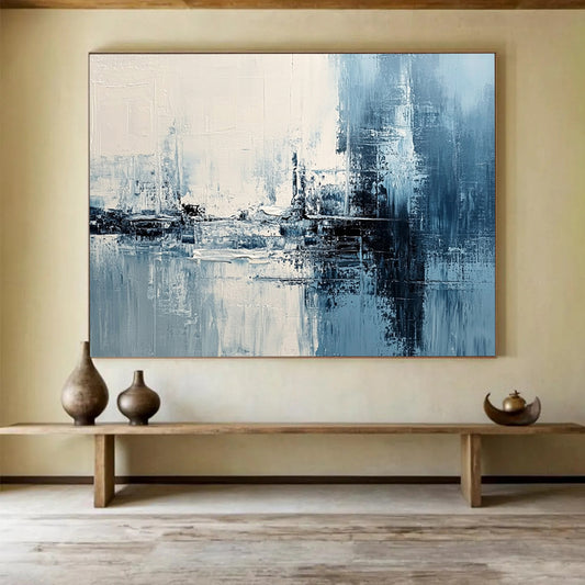 “Blue - White Abstract Textured Reflections” - Blue, White, Textured Reflections Painting On Canvas HB0841