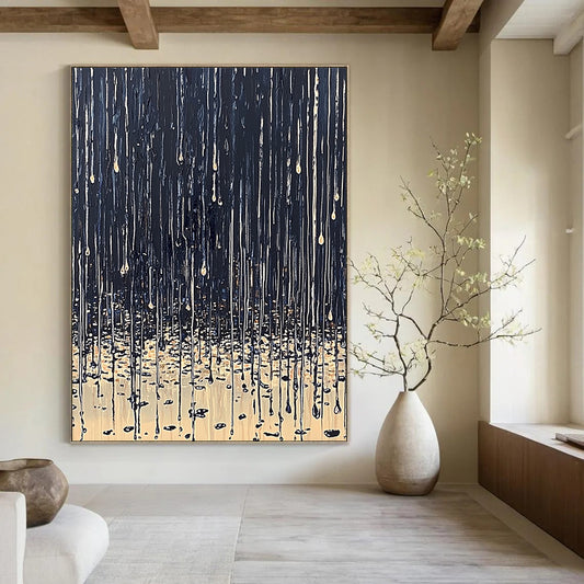 Contemporary abstract painting depicting rain on ground with dark blue beige palette thick paint drips and tranquil reflections on wet surfaces. DLZ0634