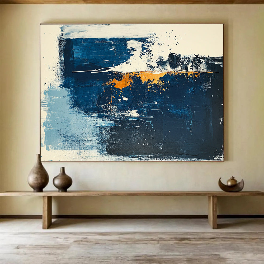 “Blue - White - Gold Abstract Splashes” - Blue, White, Gold, Abstract splashes - Acrylic Painting HB1792