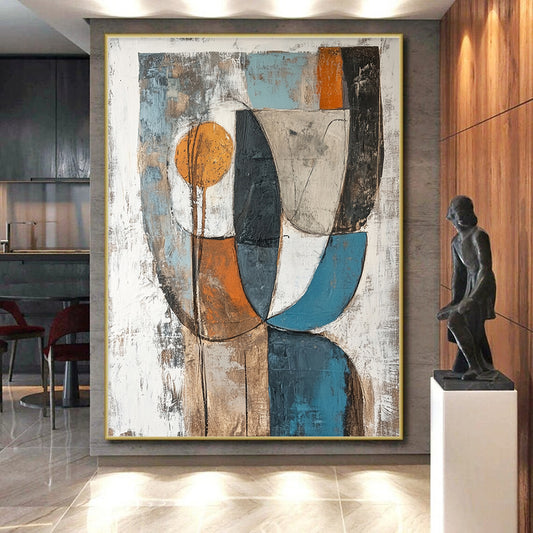 Gray, Blue, Orange, Brown and White Abstract Shapes "Nature's Abstraction" Painting On Canvas HB357