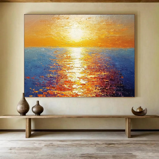 “Radiant Sunset Over Sea” - Orange, Yellow, Blue, Impressionist Seascape Painting On Canvas HB0693