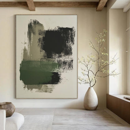 Contemporary brush stroke artwork featuring moss green and black on a beige background, perfect for modern decor enthusiasts. DLZ1454