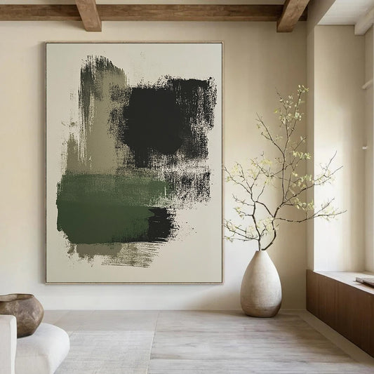 Contemporary brush stroke artwork featuring moss green and black on a beige background, perfect for modern decor enthusiasts. DLZ1454