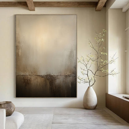Large contemporary hand-painted abstract artwork in warm neutral tones featuring textured beige walls that evoke tranquility and depth without clear outlines. DLZ0988