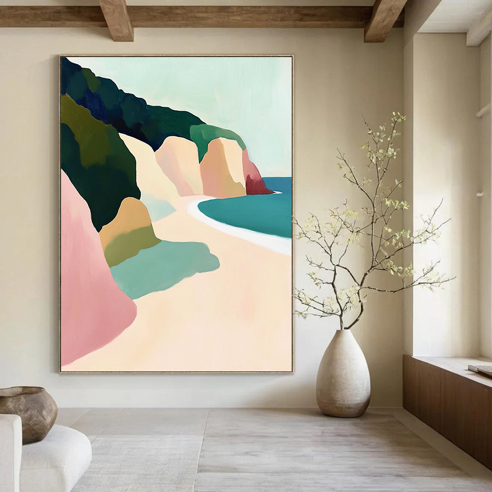 Contemporary hand-painted abstract artwork depicting Big Sur cliffs and beach, featuring a pastel palette and soft brushstrokes emphasizing light and form. DLZ1109