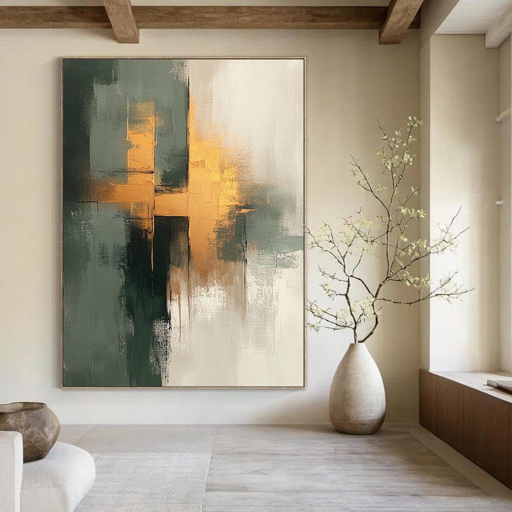 Contemporary hand-painted abstract artwork featuring neutral tones with sage green and gold accents, exuding a soft and gentle aesthetic on textured canvas. DLZ0555