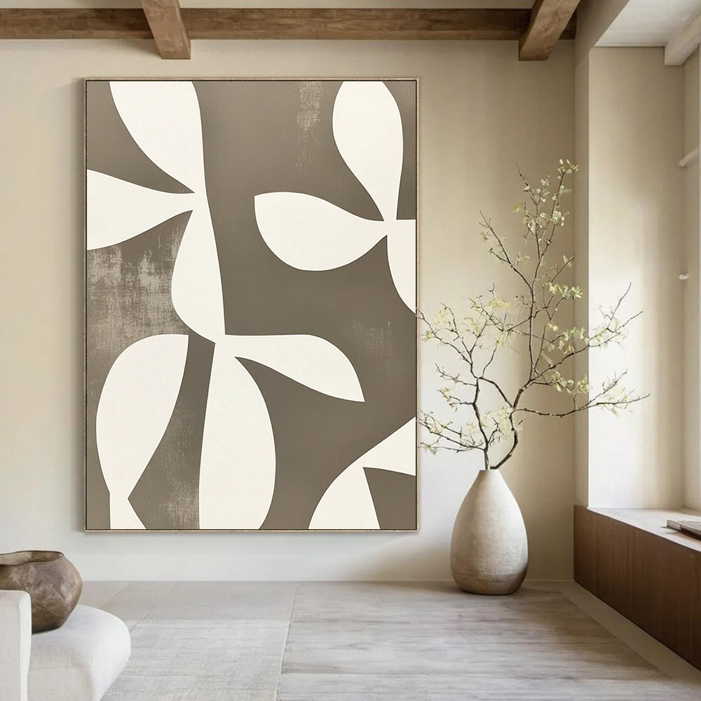 Contemporary abstract artwork featuring minimalist shapes and overlapping floral forms in white on grey, echoing Matisse’s style with defined edges. DLZ1648