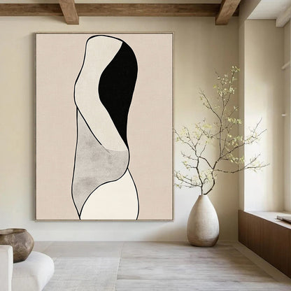 Contemporary hand-drawn abstract artwork featuring minimalist line art and woman's body curves against a black and white design on a beige background. DLZ1632
