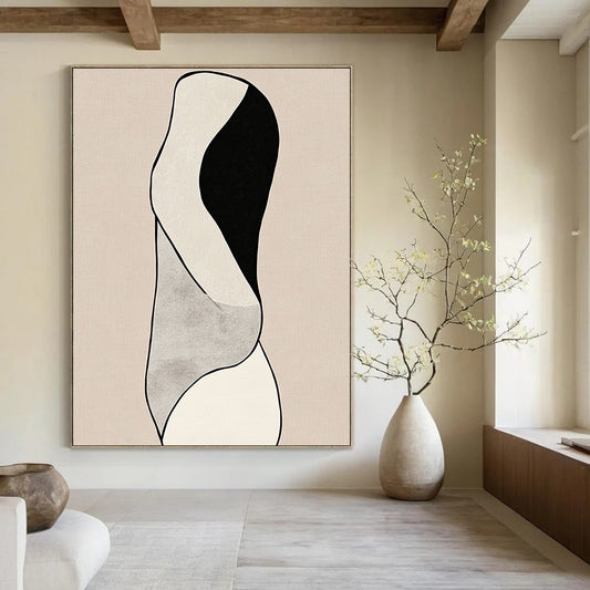 Contemporary hand-drawn abstract artwork featuring minimalist line art and woman's body curves against a black and white design on a beige background. DLZ1632