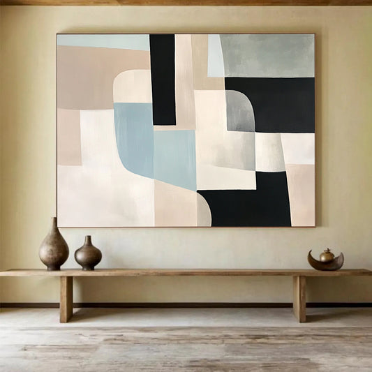“Neutral Geometric Abstract” - Beige, Black, Blue, Gray, Geometric Forms - Painting On Canvas HB1425