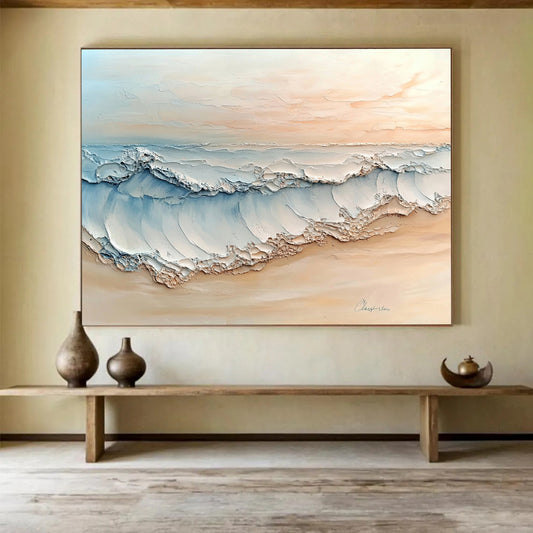“Pastel Beach Wave Art” - Beige, Blue, White, Textured Beach Wave Painting On Canvas HB0974