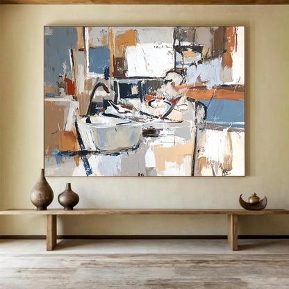 Neutral - Toned Kitchen Chaos – Abstract Acrylic Kitchen Scene Painting HB1466