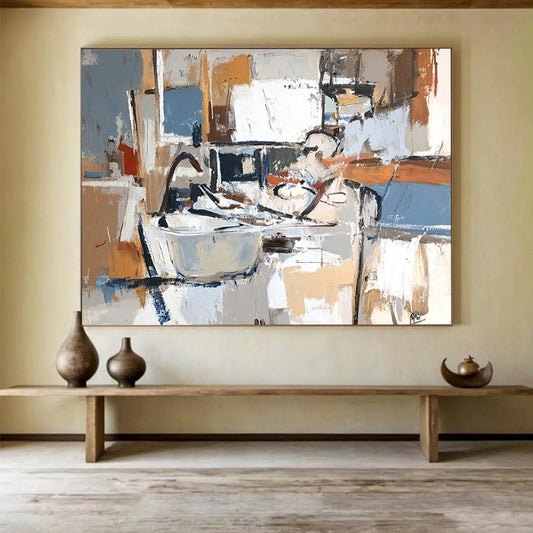 Neutral - Toned Kitchen Chaos – Abstract Acrylic Kitchen Scene Painting HB1466