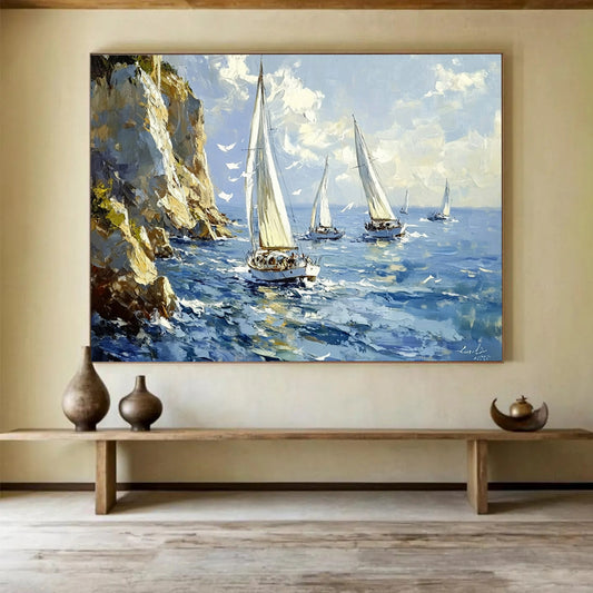 Blue, White, Yellow and Green Seascape with Sailboats "Sailing Serenity" Painting On Canvas HB0661
