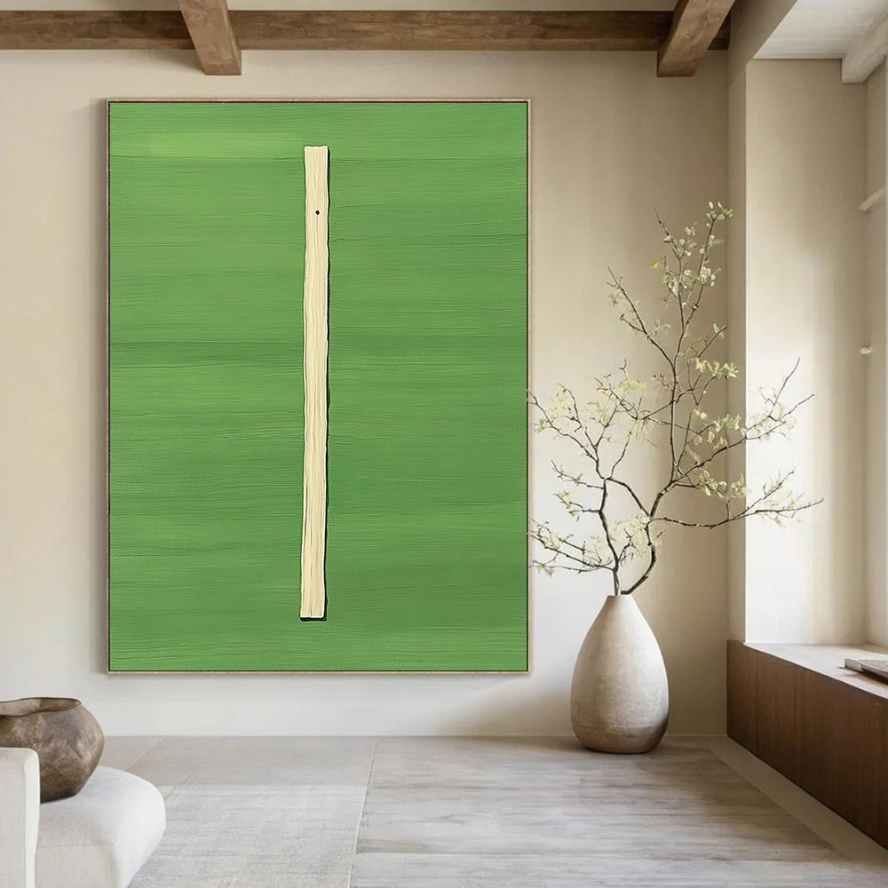 Contemporary abstract artwork featuring a vertical wooden stick against a vibrant green background in a style reminiscent of David Hockney. DLZ1301