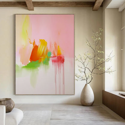 Contemporary hand-painted abstract art featuring soft pink green and orange tones inspired by Cy Twombly's dynamic style. DLZ1703