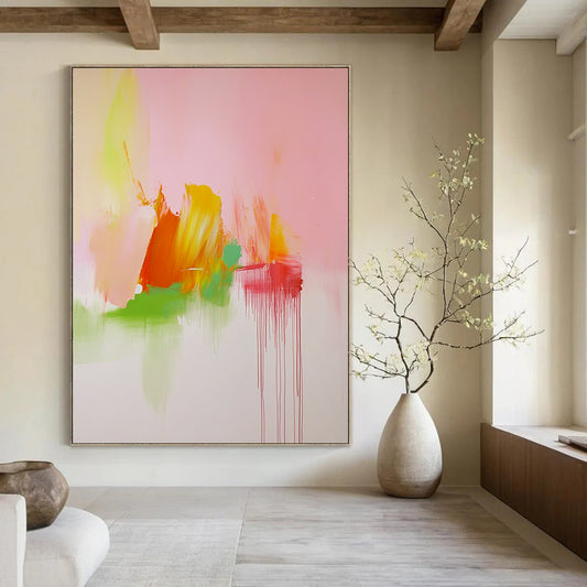 Contemporary hand-painted abstract art featuring soft pink green and orange tones inspired by Cy Twombly's dynamic style. DLZ1703