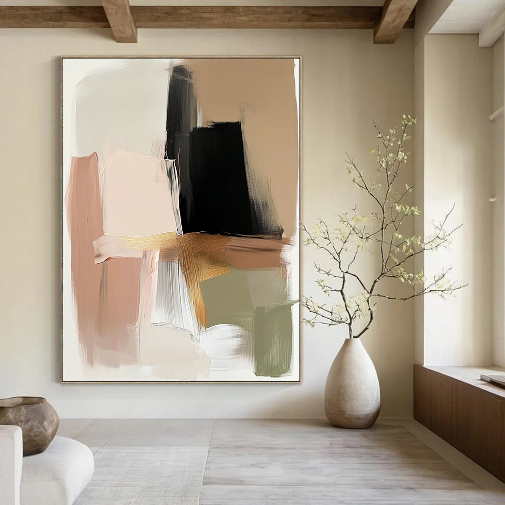 Contemporary hand-painted abstract art in beige and black with gold accents featuring expressive brush strokes and a neutral palette of serene colors. DLZ0880