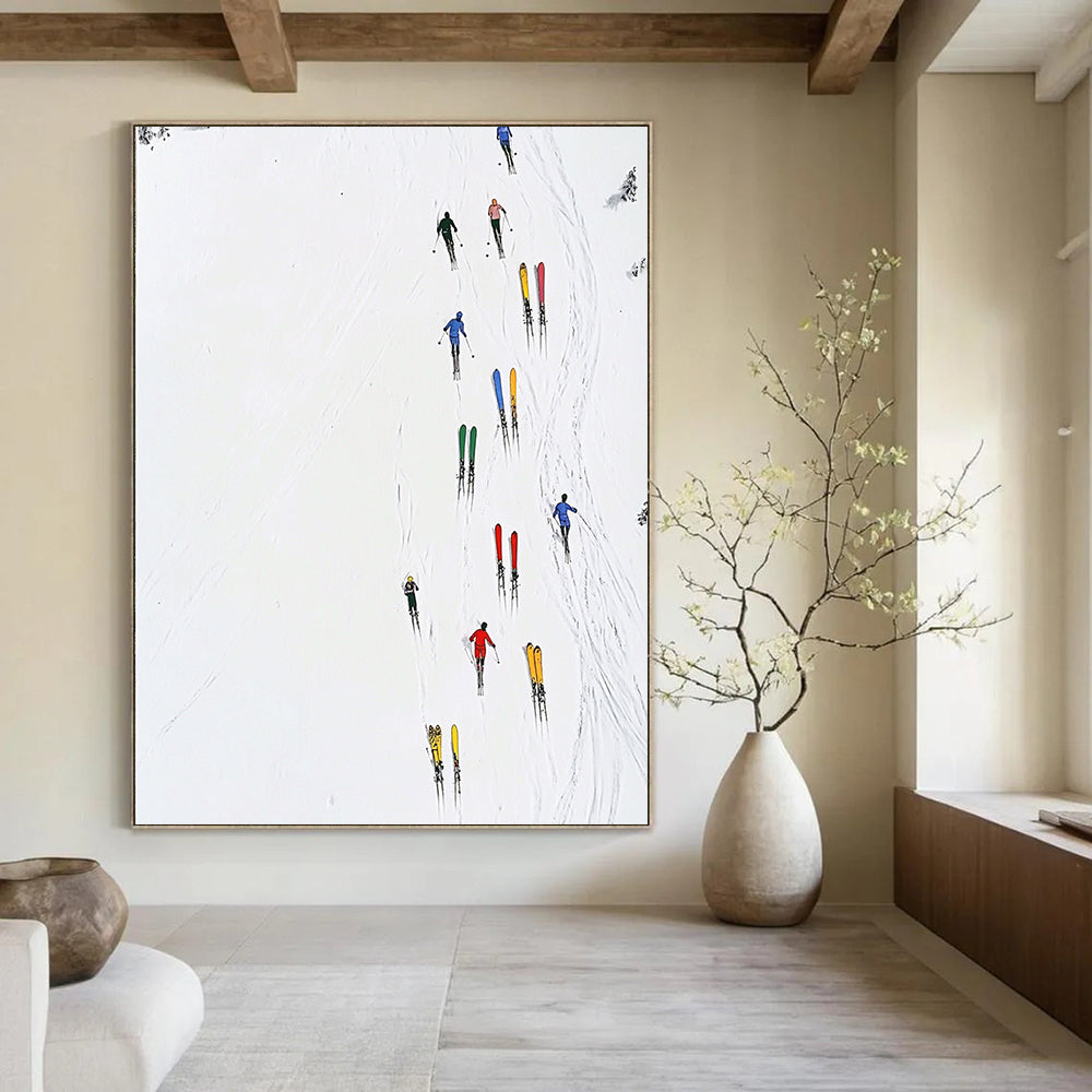 Contemporary abstract art featuring minimalist skiers, vibrant stacked skis, pure white background, and simple lines for a striking visual impact. DLZ1255