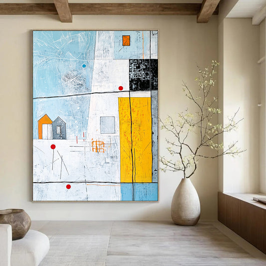Large contemporary hand-painted abstract artwork featuring vibrant lines and shapes with an architectural drawing and a house on a light blue background. DLZ0987