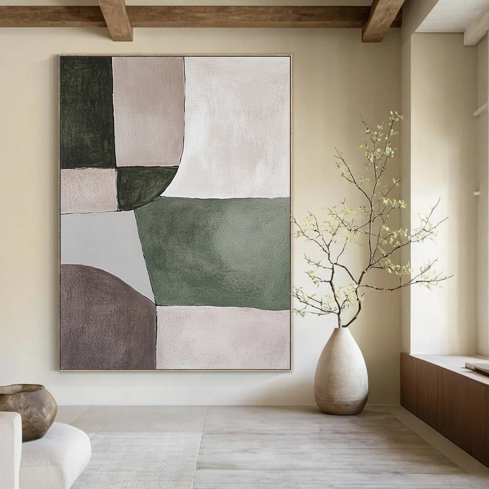 Contemporary abstract painting featuring serene green and grey shapes on a soothing beige background, perfect for minimalistic decor. DLZ0881