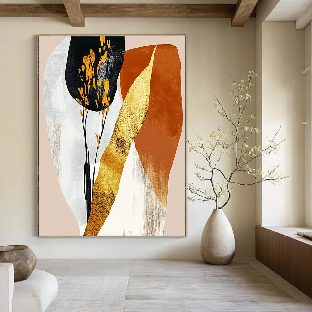 Contemporary abstract art featuring gold foil and pastel orange shapes on a beige background creates a stunning visual impact. DLZ0801
