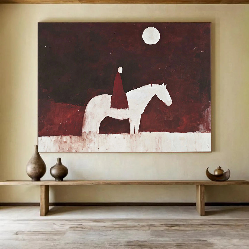 “Moonlit Rider on White Horse” - Dark Red, White, Figurative, Night Sky Painting On Canvas HB0772