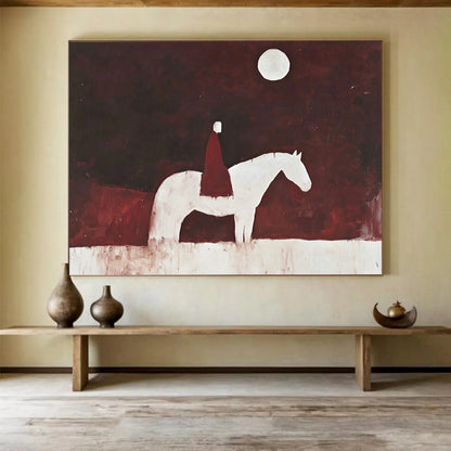 “Moonlit Rider on White Horse” - Dark Red, White, Figurative, Night Sky Painting On Canvas HB0772