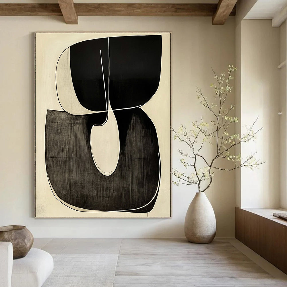 Contemporary hand-painted abstract art featuring a looping R shape outlined in white against a minimalist black and white background. DLZ1341
