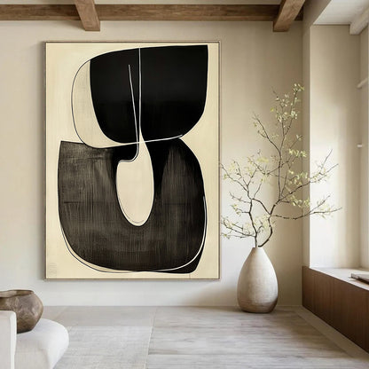 Contemporary hand-painted abstract art featuring a looping R shape outlined in white against a minimalist black and white background. DLZ1341