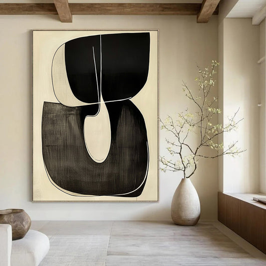 Contemporary hand-painted abstract art featuring a looping R shape outlined in white against a minimalist black and white background. DLZ1341