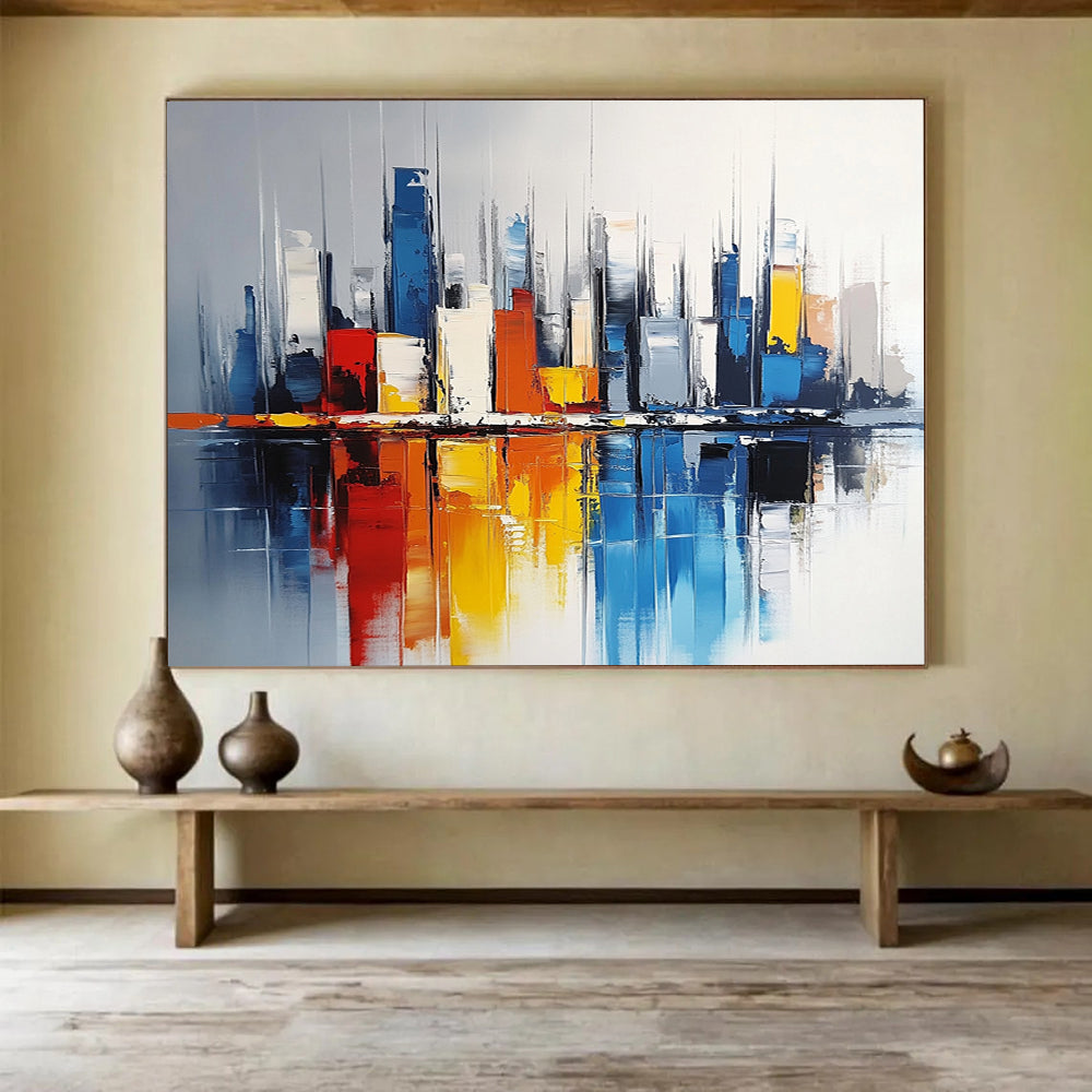 “Colorful Cityscape Reflection” - Colorful, Urban Skyscrapers, Reflection in Water Painting On Canvas HB0848