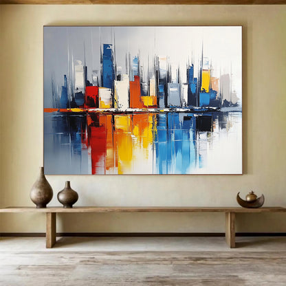“Colorful Cityscape Reflection” - Colorful, Urban Skyscrapers, Reflection in Water Painting On Canvas HB0848
