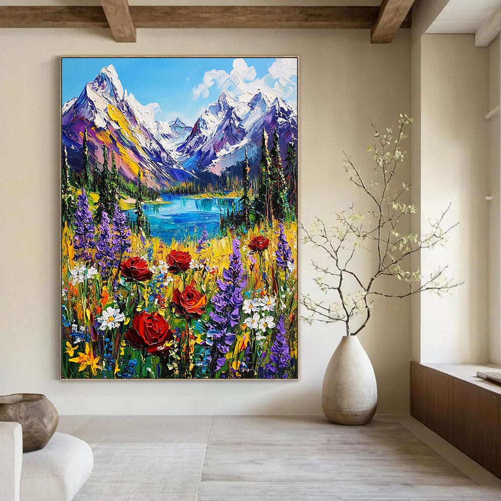 Contemporary hand-painted abstraction featuring vibrant British Columbia mountains snow-capped peaks lush forests and colorful wildflowers in an alpine meadow. DLZ1498