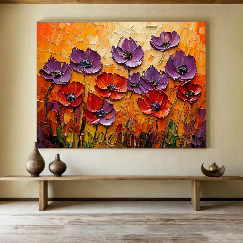 “3D Purple - Red Poppies” - Sculptural purple and red poppies on an orange backdrop, Impasto Floral Painting On Canvas HB0543