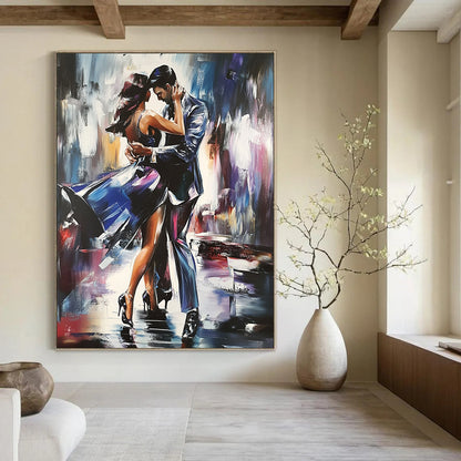 Contemporary hand-painted abstract artwork featuring two figures dancing the tango with dynamic brush strokes and intricate detailing in a striking composition. DLZ1659