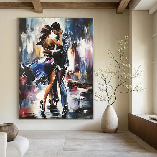 Contemporary hand-painted abstract artwork featuring two figures dancing the tango with dynamic brush strokes and intricate detailing in a striking composition. DLZ1659