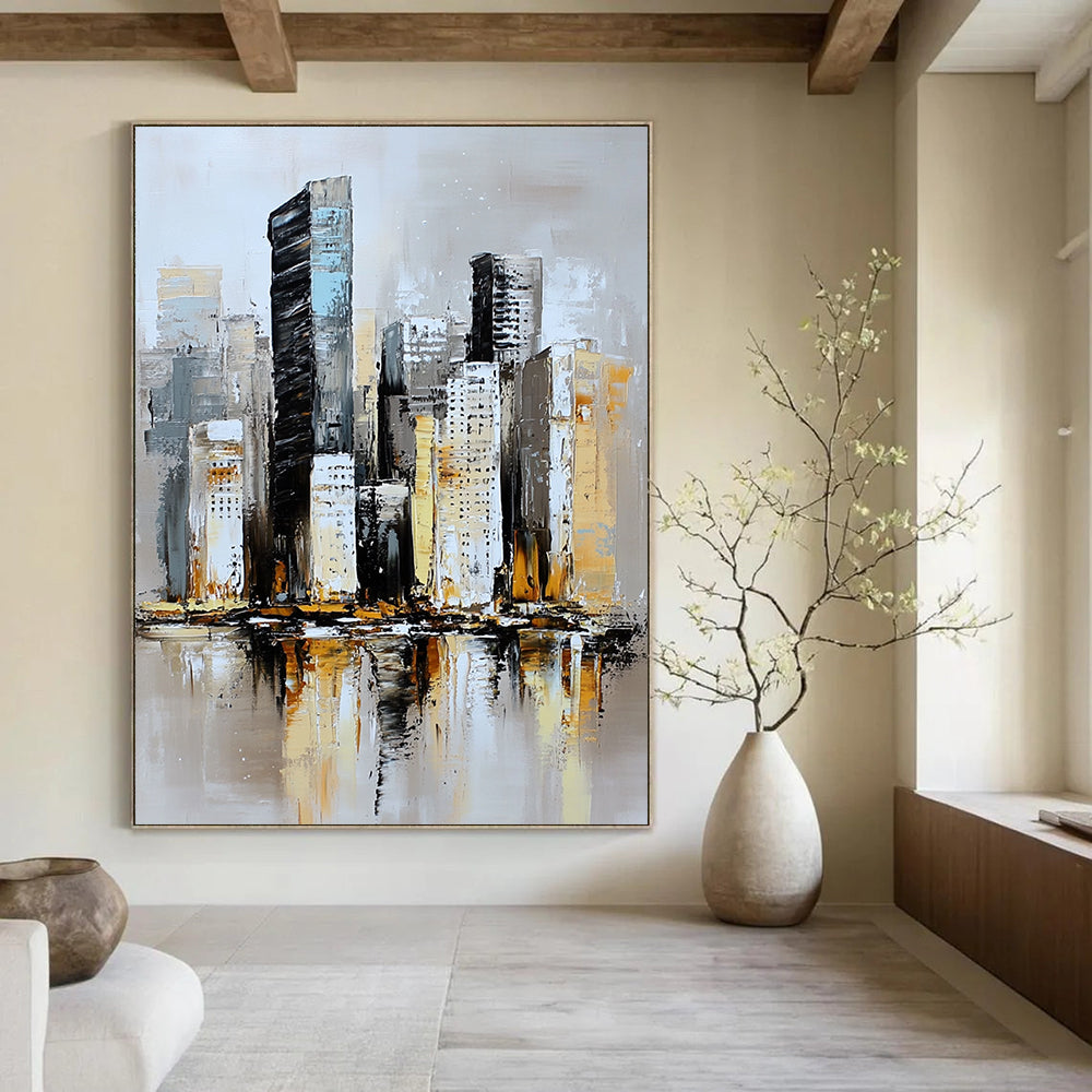 Contemporary abstract painting featuring a textured neutral-toned skyline with soft brushstrokes and serene reflections on water in a muted atmosphere. DLZ0852