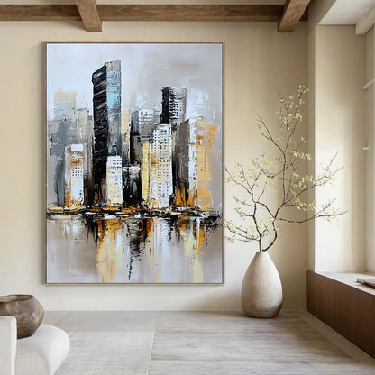 Contemporary abstract painting featuring a textured neutral-toned skyline with soft brushstrokes and serene reflections on water in a muted atmosphere. DLZ0852