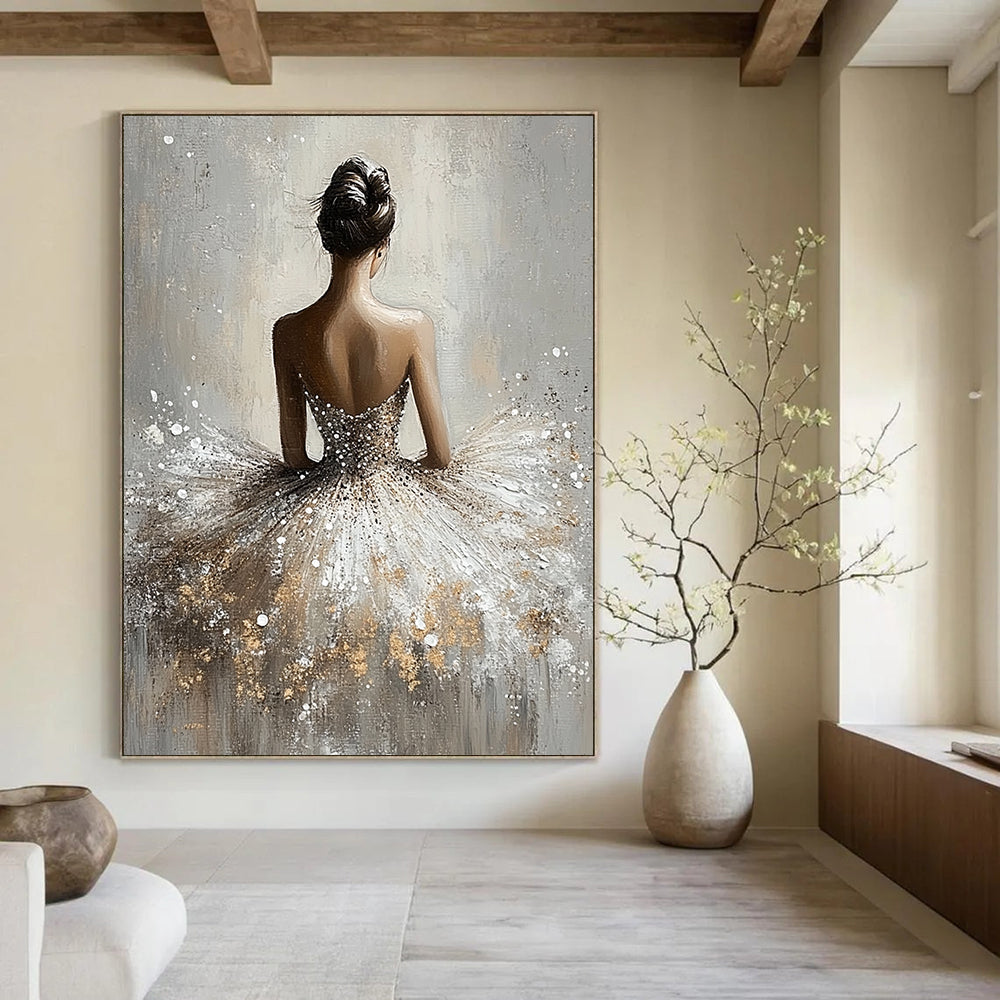 Contemporary abstract painting featuring a graceful ballerina in a shimmering dress with a soft grey background and ethereal romantic lighting. DLZ1663