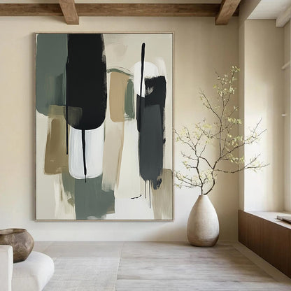 Contemporary hand-painted abstract artwork featuring thick brush strokes in sage green and white with neutral tones and striking black accents. DLZ0775