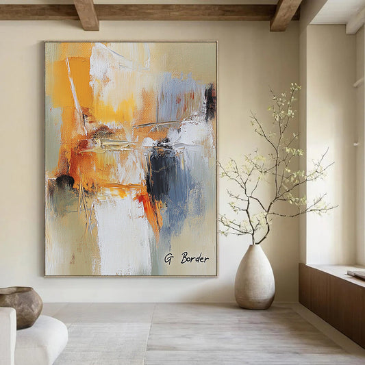 Contemporary abstract art featuring bold warm colors dynamic brushstrokes and textures that evoke movement and energy in a striking composition. DLZ1461