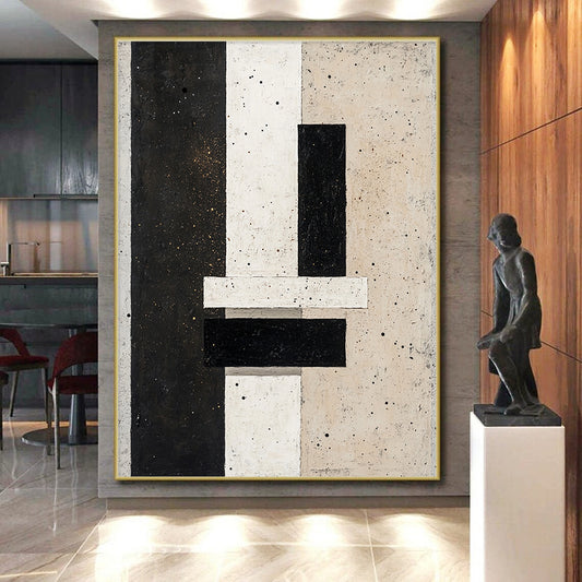 Black, White, Beige with Speckled Patterns "Starry Structure" Abstract Painting On Canvas HB014