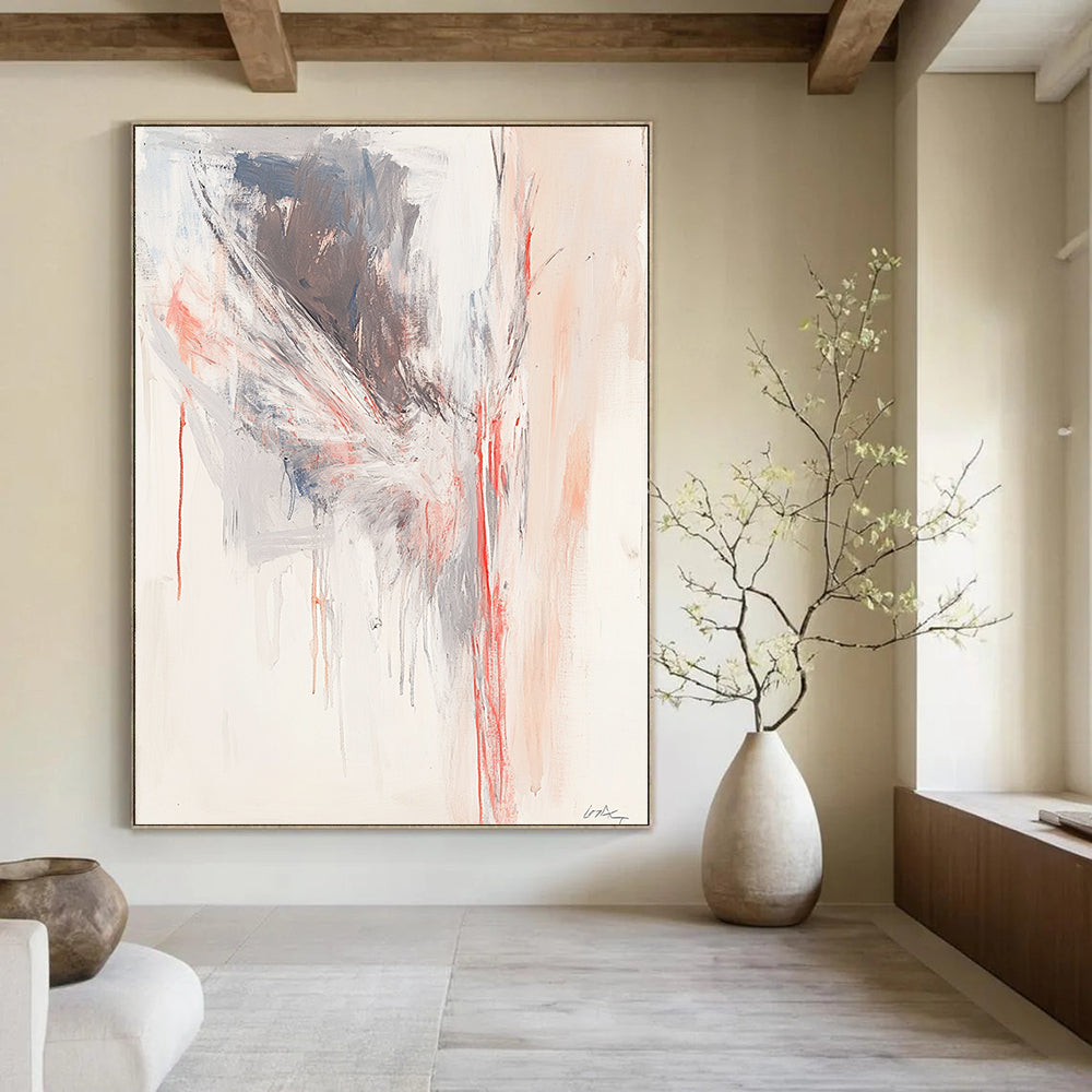 Contemporary abstract painting featuring soft red lines forming an angelian shape against a light gray and white background. DLZ0865