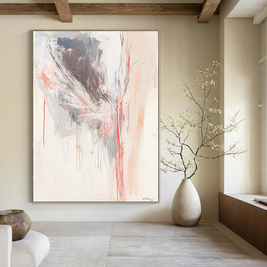 Contemporary abstract painting featuring soft red lines forming an angelian shape against a light gray and white background. DLZ0865