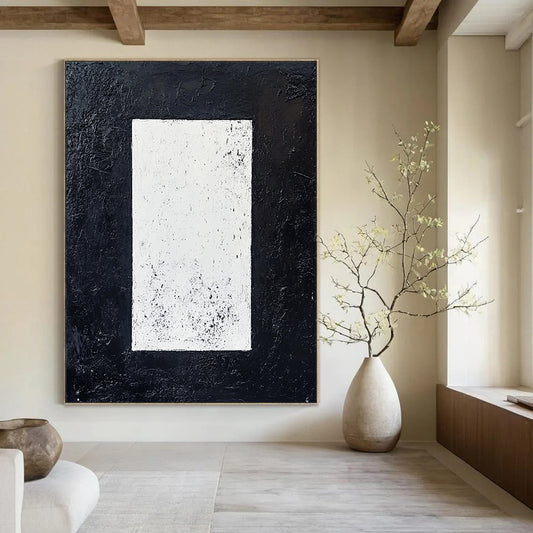 Contemporary hand-painted abstract art featuring a white rectangle on a textured black background creating a striking minimalist monochrome effect. DLZ1520